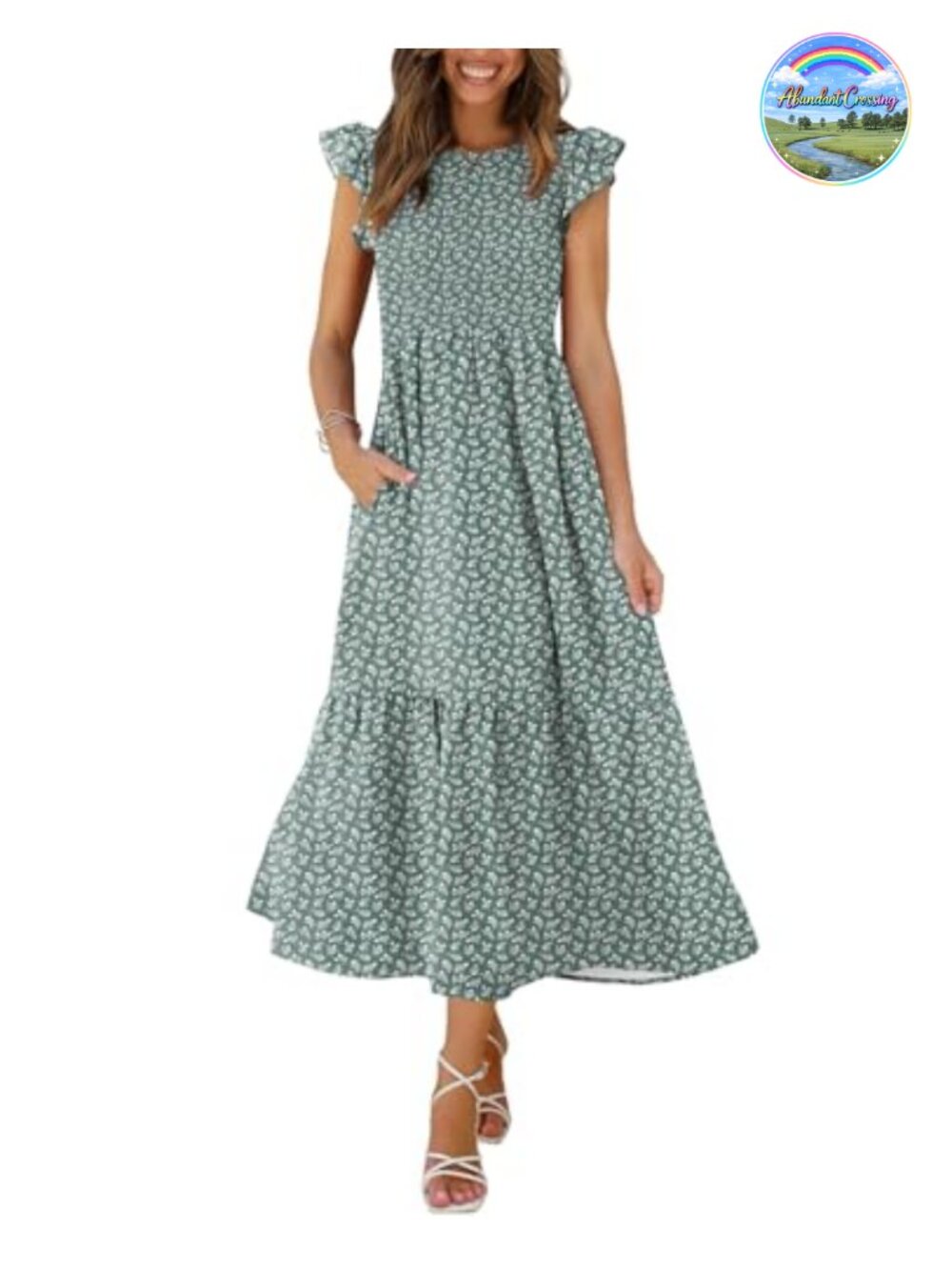 Casual Maxi Dress with Pockets Ruffle Sleeve Smocked Flutter Sleeve Tiered Dress